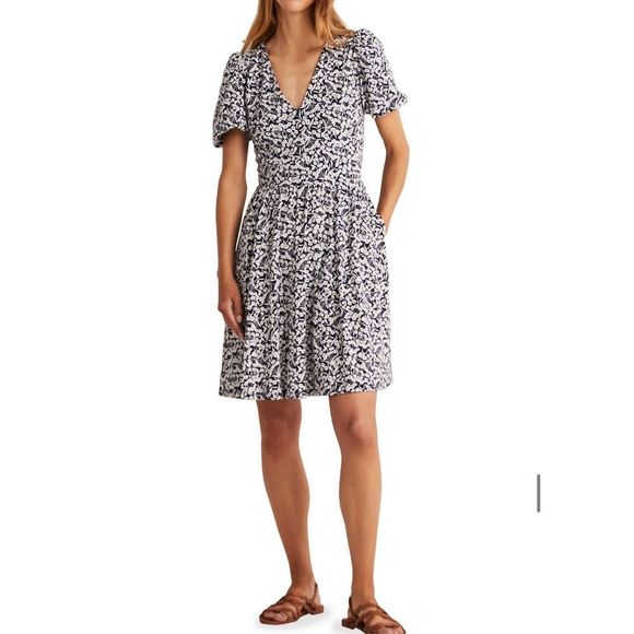 Boden Dress Women Size 14 Back Cutout Floral Mini Dress V Neck Short Sleeve Blue - Picture 8 of 13